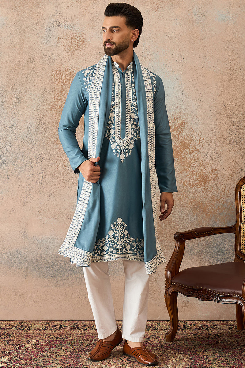 Mens Blue Silk Blend Woven Design Floral Straight Kurta with Dupatta