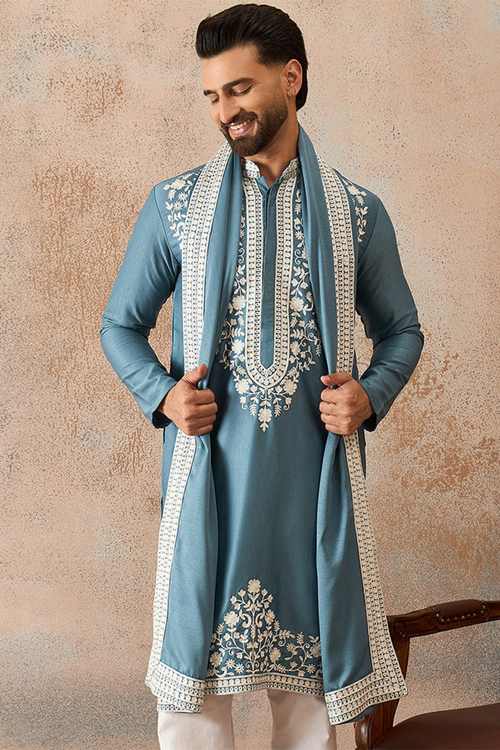 Mens Blue Silk Blend Woven Design Floral Straight Kurta with Dupatta
