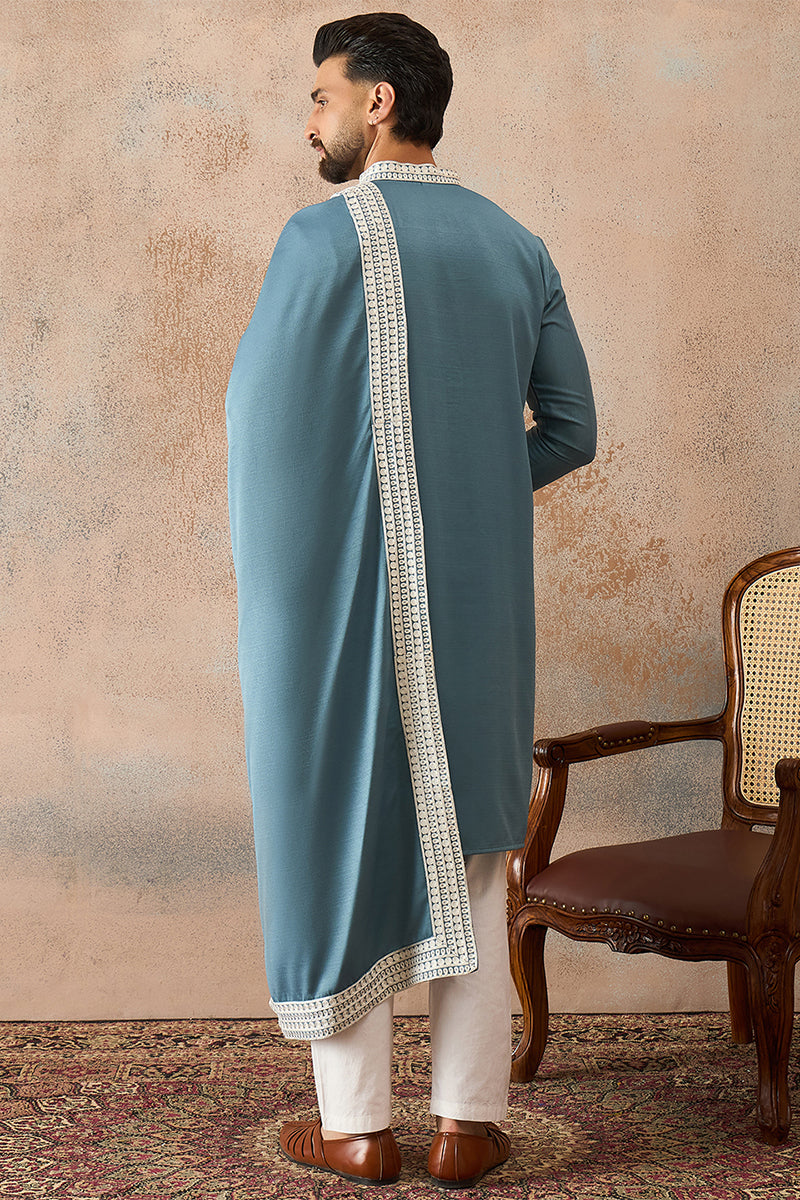 Mens Blue Silk Blend Woven Design Floral Straight Kurta with Dupatta
