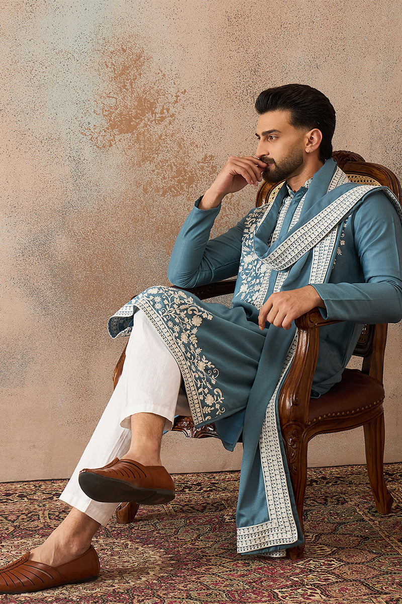 Mens Blue Silk Blend Woven Design Floral Straight Kurta with Dupatta
