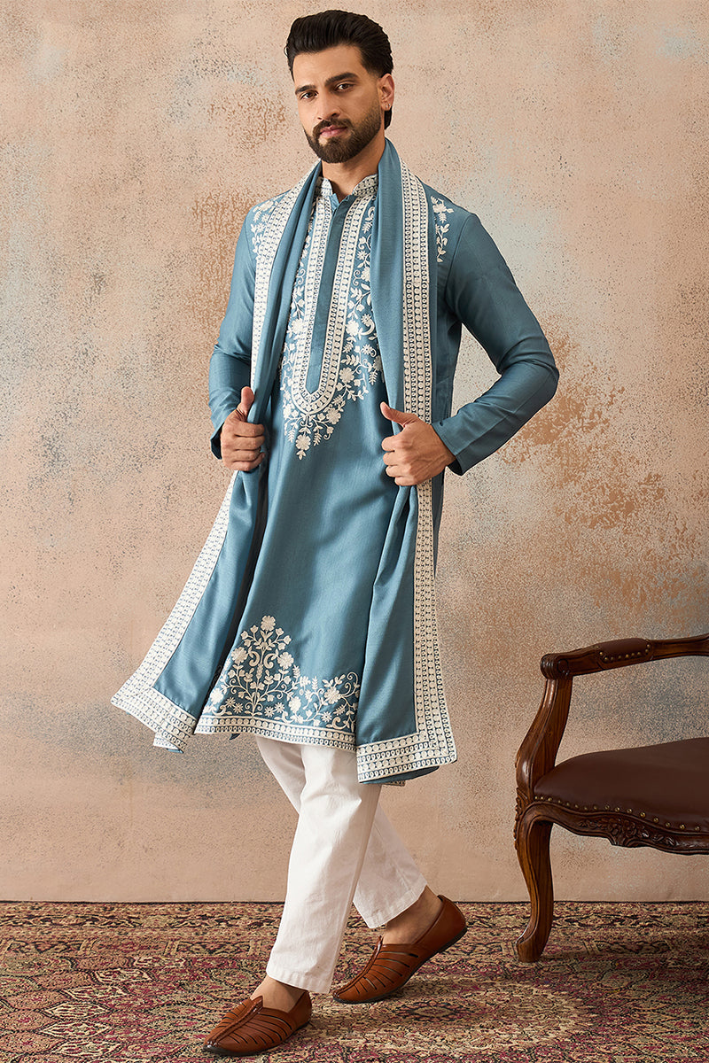 Mens Blue Silk Blend Woven Design Floral Straight Kurta with Dupatta