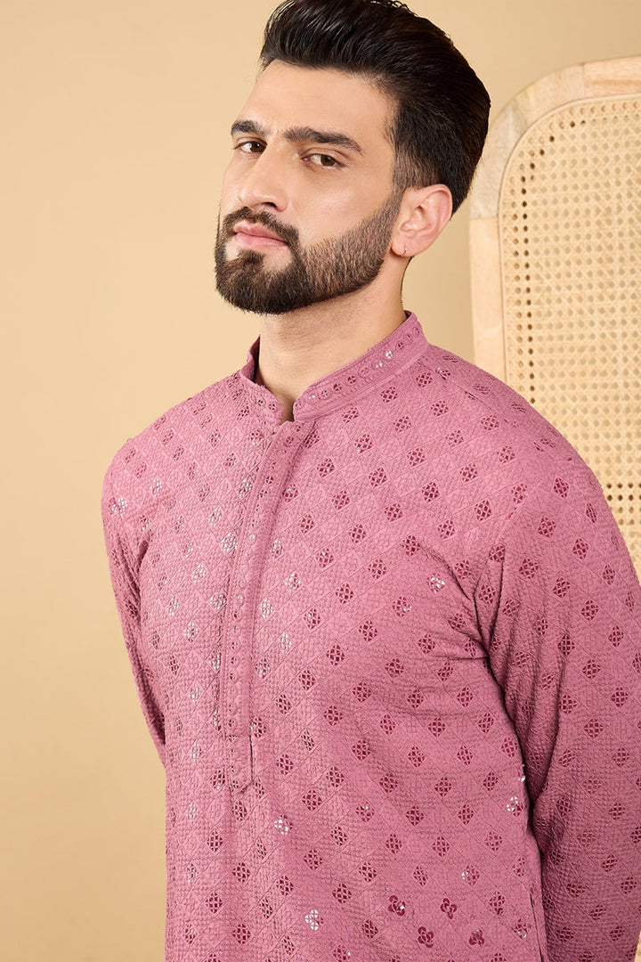 Mens Mauve Viscose Rayon Solid Embroidered Straight Kurta with Trousers
