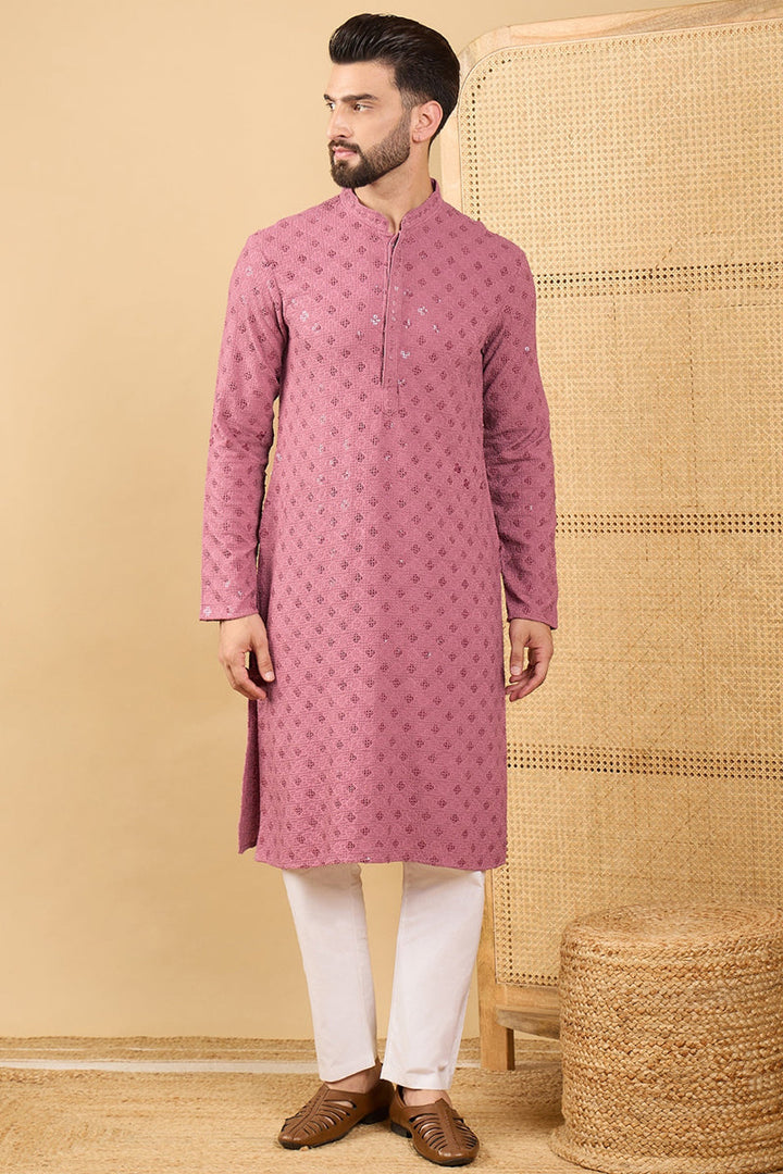 Mens Mauve Viscose Rayon Solid Embroidered Straight Kurta with Trousers