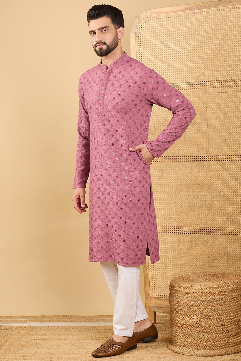 Mens Mauve Viscose Rayon Solid Embroidered Straight Kurta with Trousers