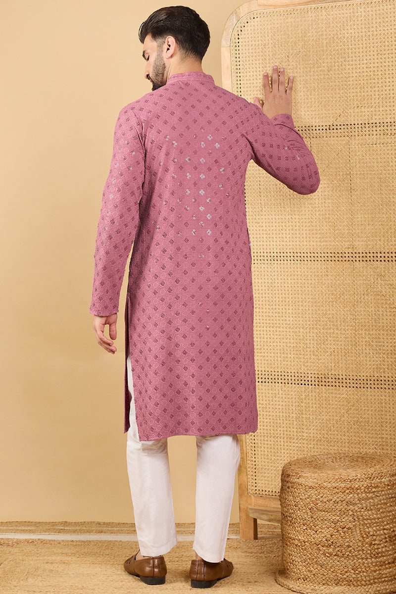 Mens Mauve Viscose Rayon Solid Embroidered Straight Kurta with Trousers