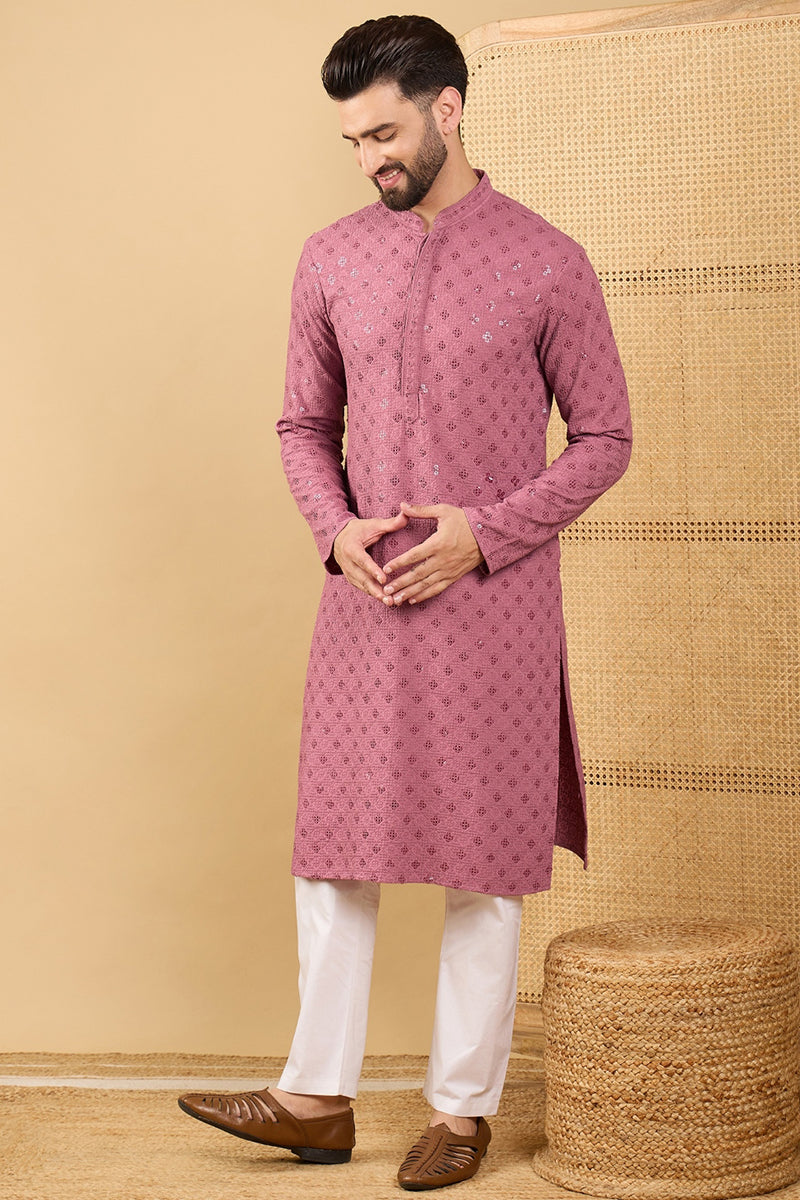 Mens Mauve Viscose Rayon Solid Embroidered Straight Kurta with Trousers