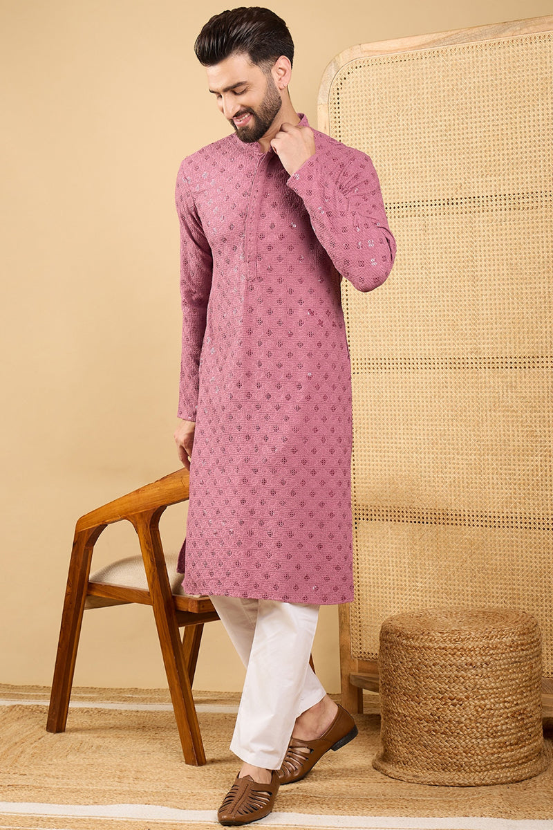 Mens Mauve Viscose Rayon Solid Embroidered Straight Kurta with Trousers