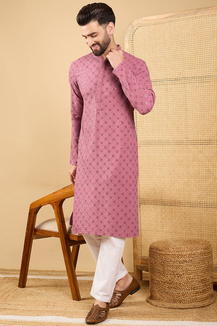 Mens Mauve Viscose Rayon Solid Embroidered Straight Kurta with Trousers