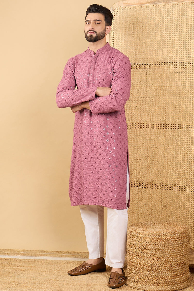 Mens Mauve Viscose Rayon Solid Embroidered Straight Kurta with Trousers
