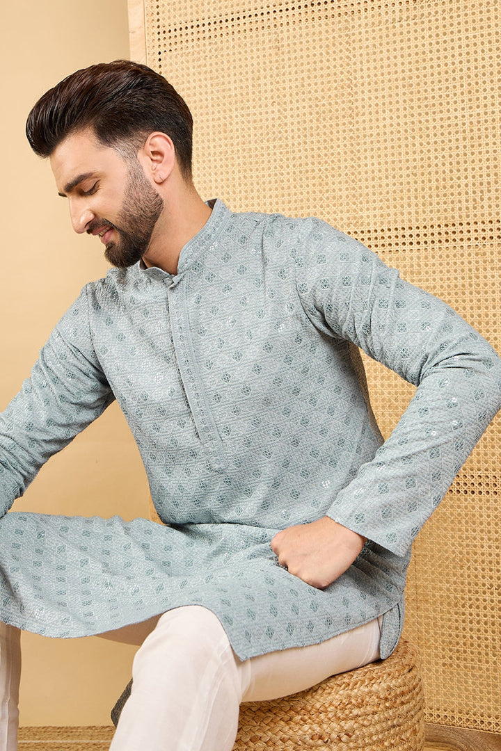 Mens Grey Viscose Rayon Solid Embroidered Straight Kurta with Trouser