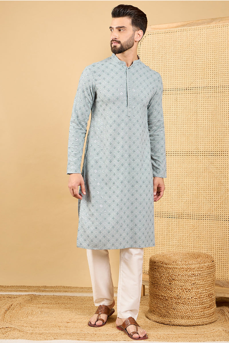 Mens Grey Viscose Rayon Solid Embroidered Straight Kurta with Trouser