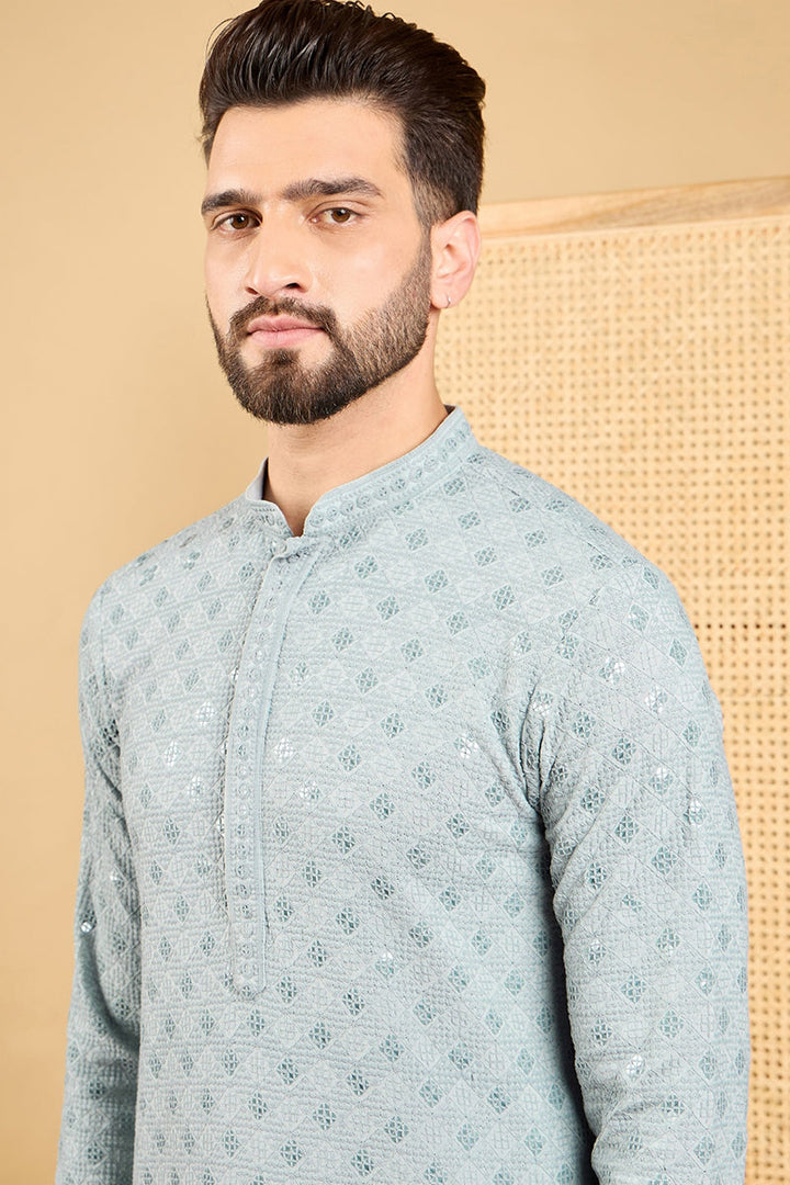 Mens Grey Viscose Rayon Solid Embroidered Straight Kurta with Trouser