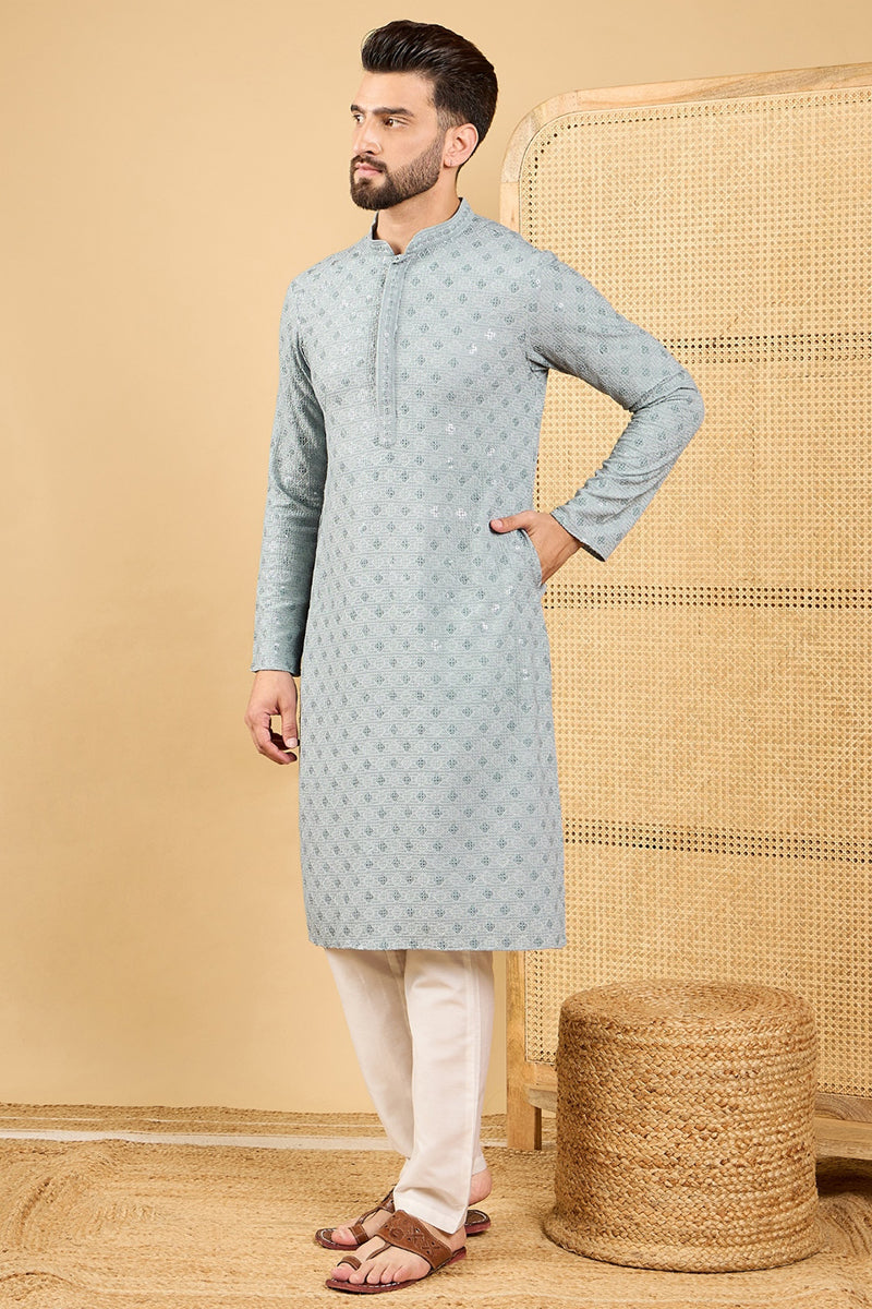 Mens Grey Viscose Rayon Solid Embroidered Straight Kurta with Trouser