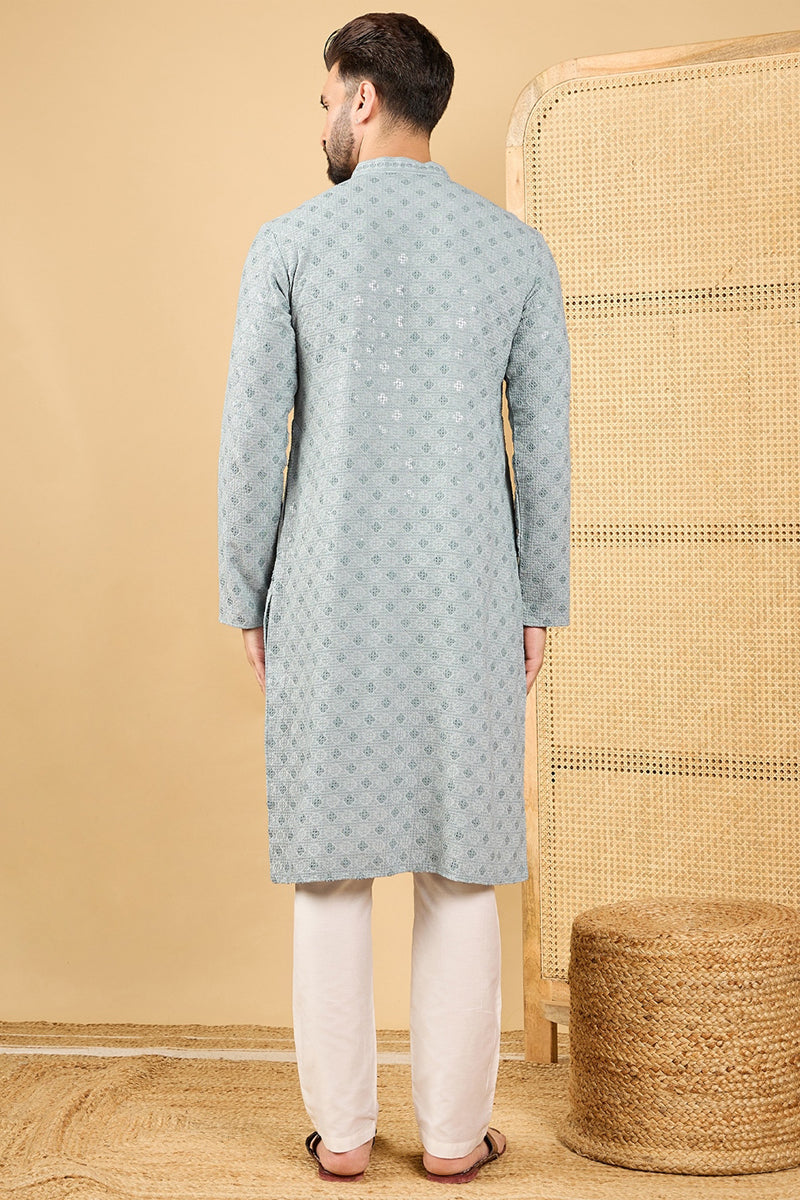 Mens Grey Viscose Rayon Solid Embroidered Straight Kurta with Trouser