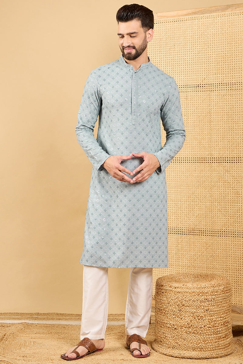 Mens Grey Viscose Rayon Solid Embroidered Straight Kurta with Trouser