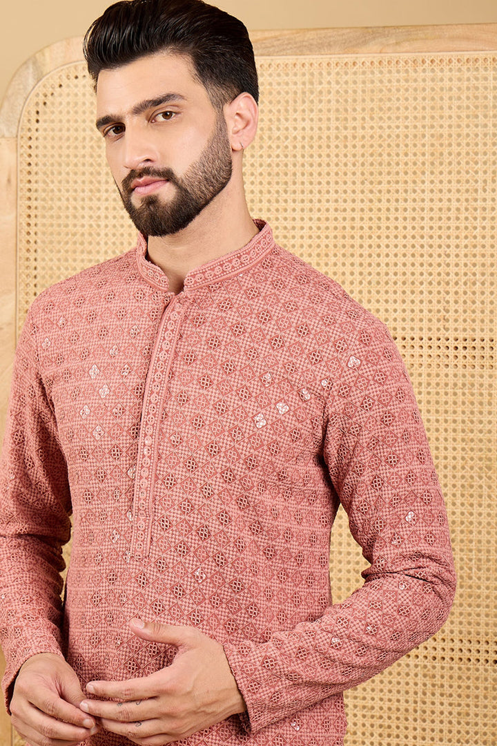 Mens Rust Viscose Rayon Solid Embroidered Straight Kurta with Trouser
