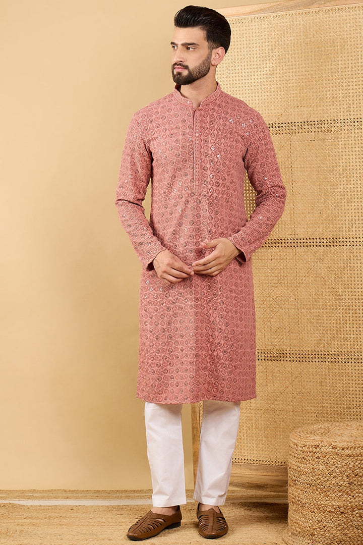 Mens Rust Viscose Rayon Solid Embroidered Straight Kurta with Trouser