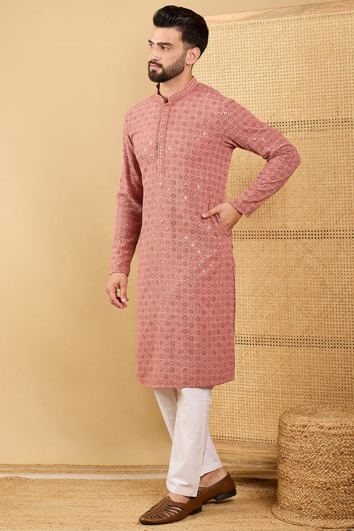 Mens Rust Viscose Rayon Solid Embroidered Straight Kurta with Trouser