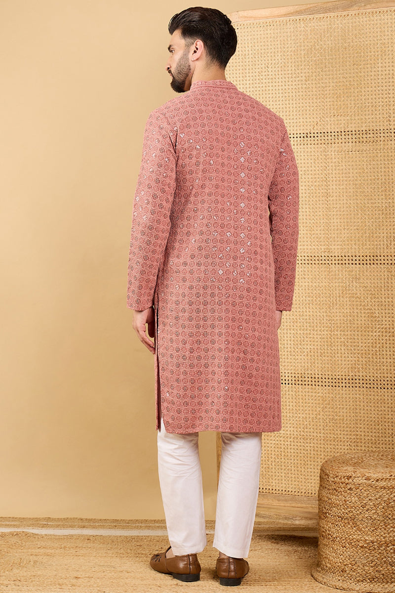 Mens Rust Viscose Rayon Solid Embroidered Straight Kurta with Trouser