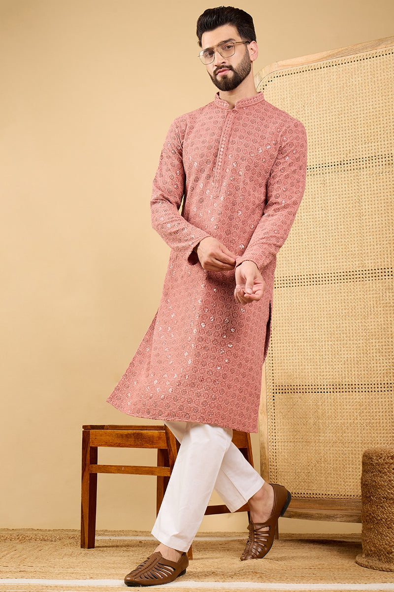 Mens Rust Viscose Rayon Solid Embroidered Straight Kurta with Trouser