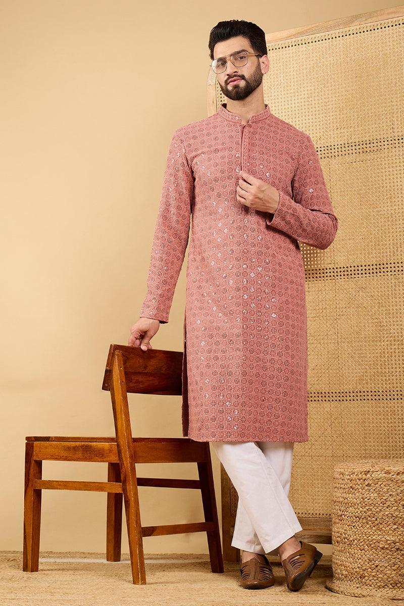 Mens Rust Viscose Rayon Solid Embroidered Straight Kurta with Trouser