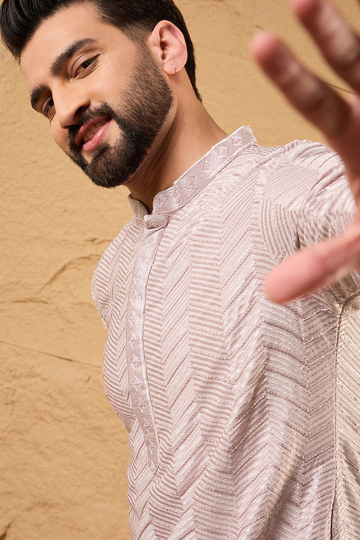 Mens Lavender Viscose Rayon Solid Embroidered Straight Kurta with Trousers