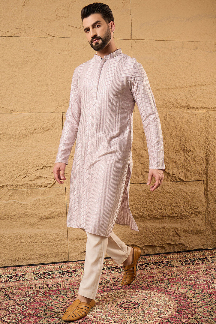 Mens Lavender Viscose Rayon Solid Embroidered Straight Kurta with Trousers