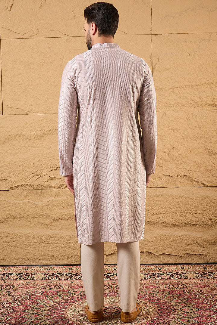 Mens Lavender Viscose Rayon Solid Embroidered Straight Kurta with Trousers