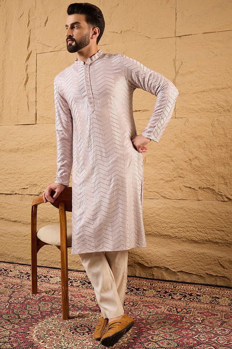 Mens Lavender Viscose Rayon Solid Embroidered Straight Kurta with Trousers