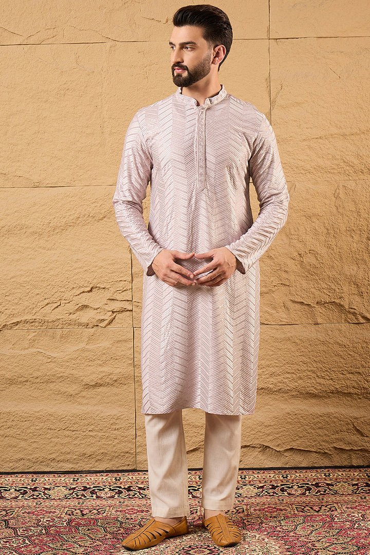 Mens Lavender Viscose Rayon Solid Embroidered Straight Kurta with Trousers
