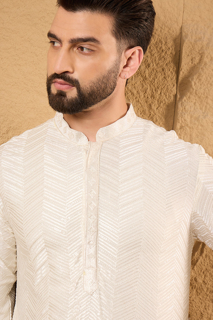 Mens Off White Viscose Rayon Solid Embroidered Straight Kurta with Trousers