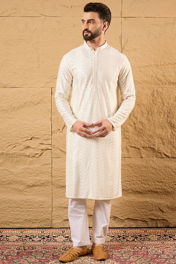 Mens Off White Viscose Rayon Solid Embroidered Straight Kurta with Trousers