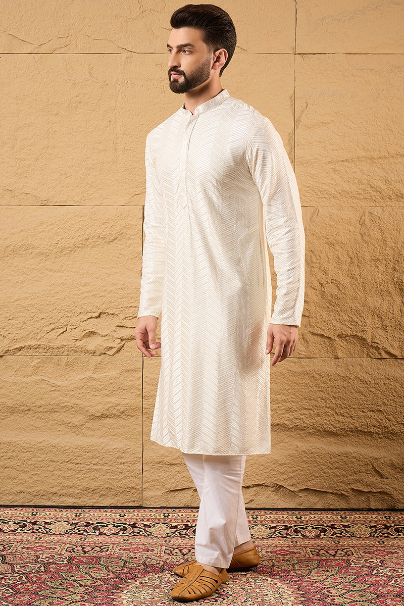 Mens Off White Viscose Rayon Solid Embroidered Straight Kurta with Trousers