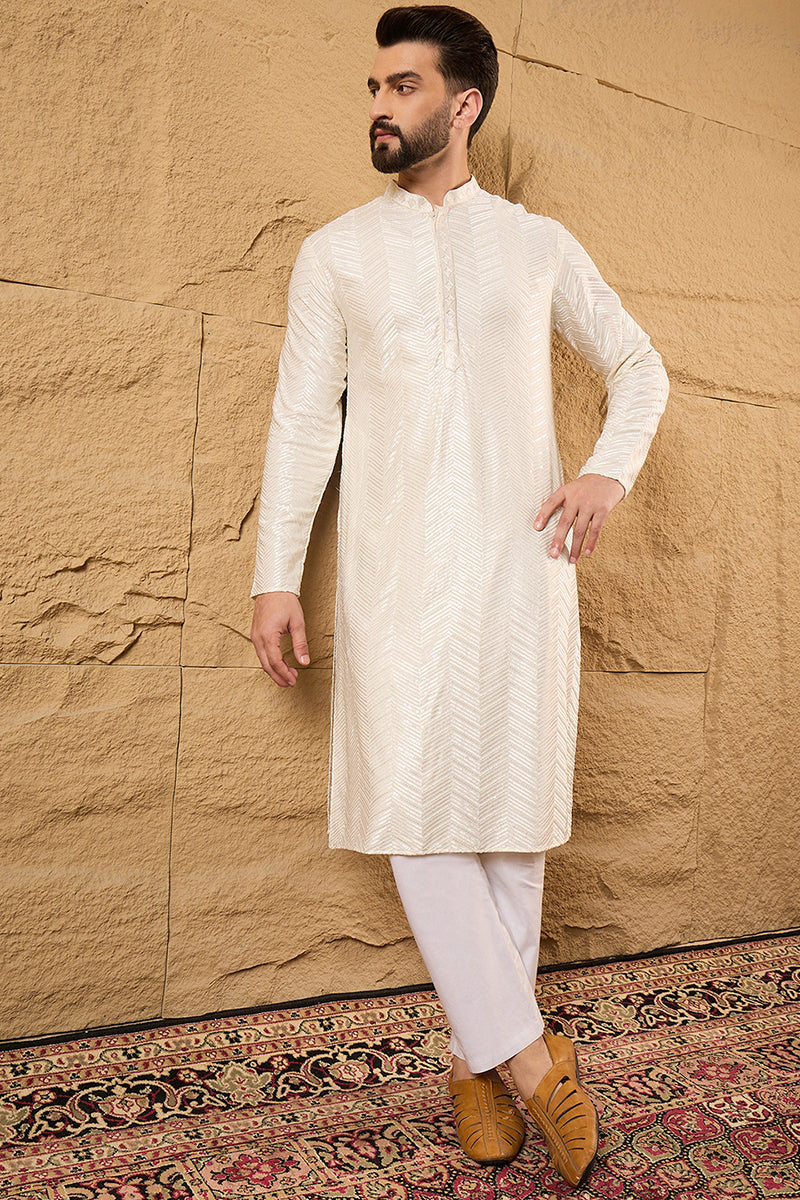 Mens Off White Viscose Rayon Solid Embroidered Straight Kurta with Trousers