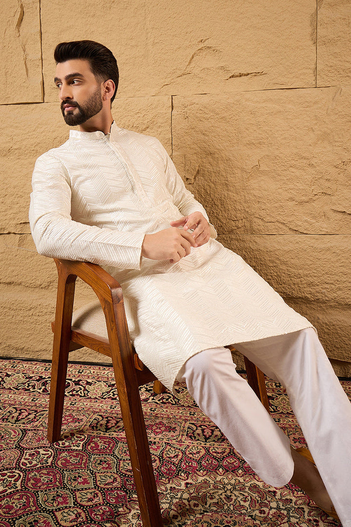 Mens Off White Viscose Rayon Solid Embroidered Straight Kurta with Trousers