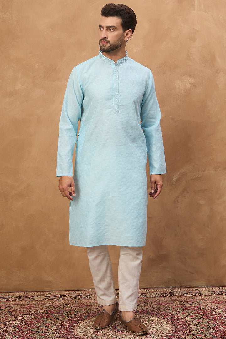 Mens Blue Silk Blend Solid Embroidered Straight Kurta With Pant Set