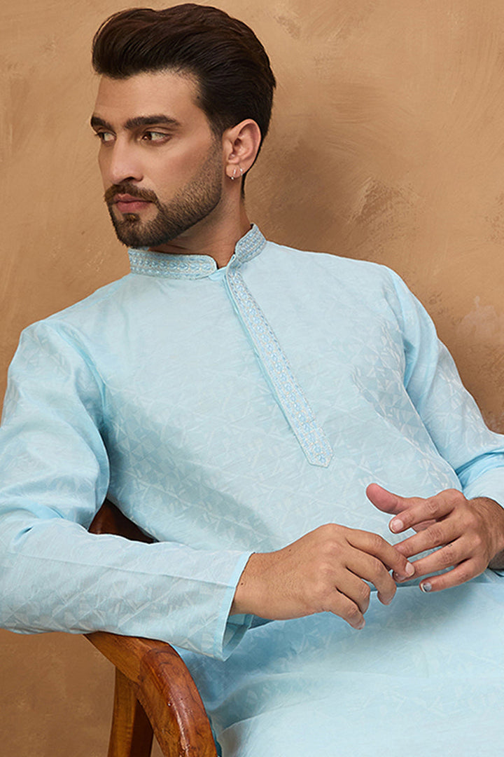 Mens Blue Silk Blend Solid Embroidered Straight Kurta With Pant Set