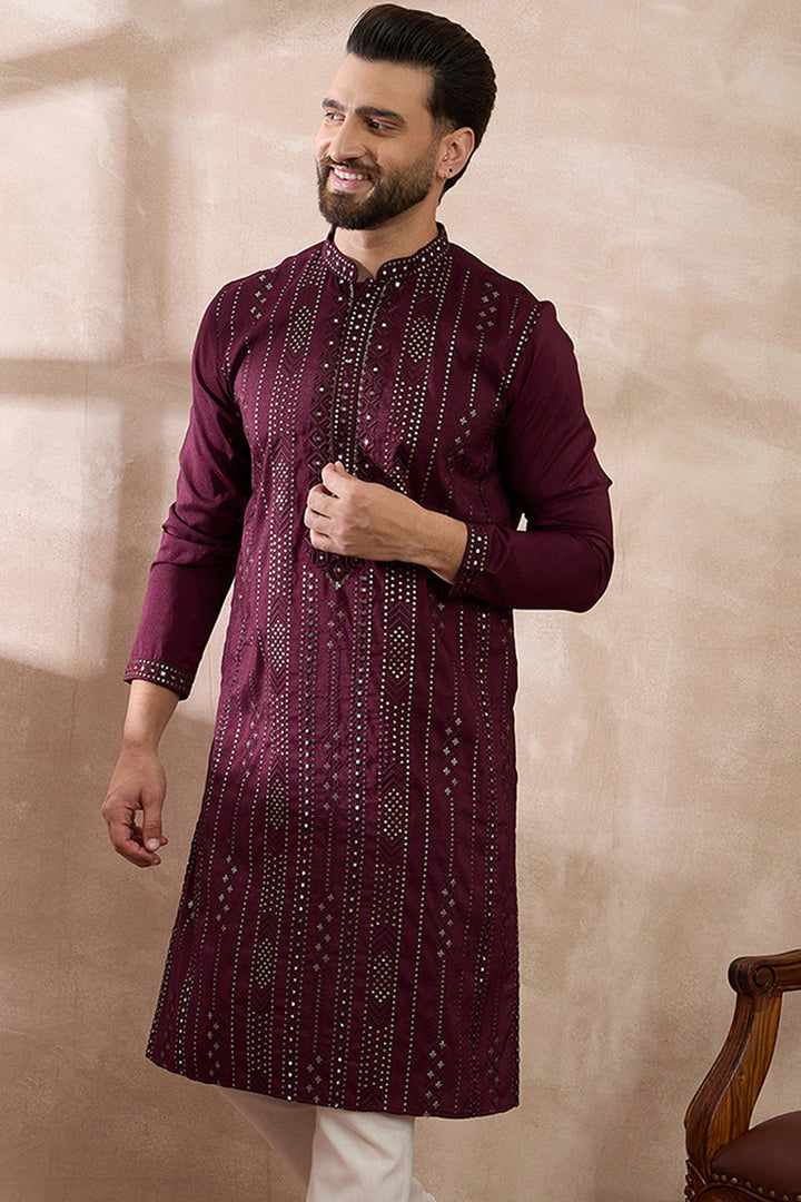 Mens Purple Silk Blend Embroidered Mandarin Collar Straight Kurta With Trouser