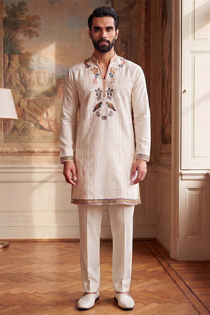 Mens White Silk Blend Embroidered Straight Kurta With Trousers