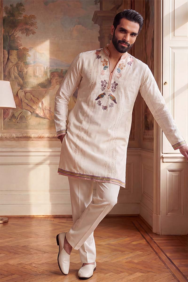 Mens White Silk Blend Embroidered Straight Kurta With Trousers