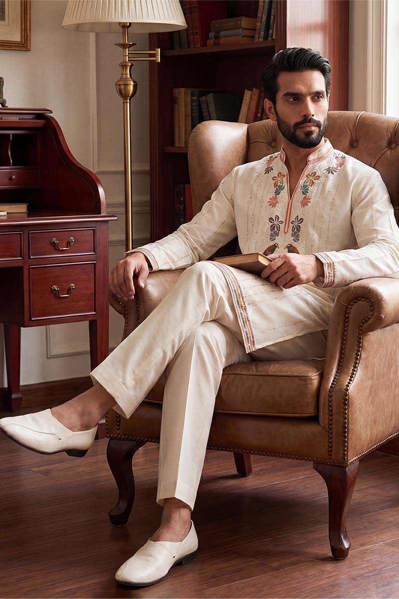 Mens White Silk Blend Embroidered Straight Kurta With Trousers