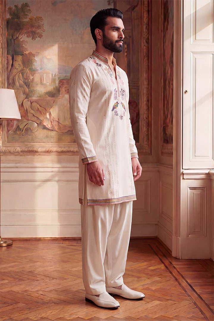 Mens White Silk Blend Embroidered Straight Kurta With Trousers