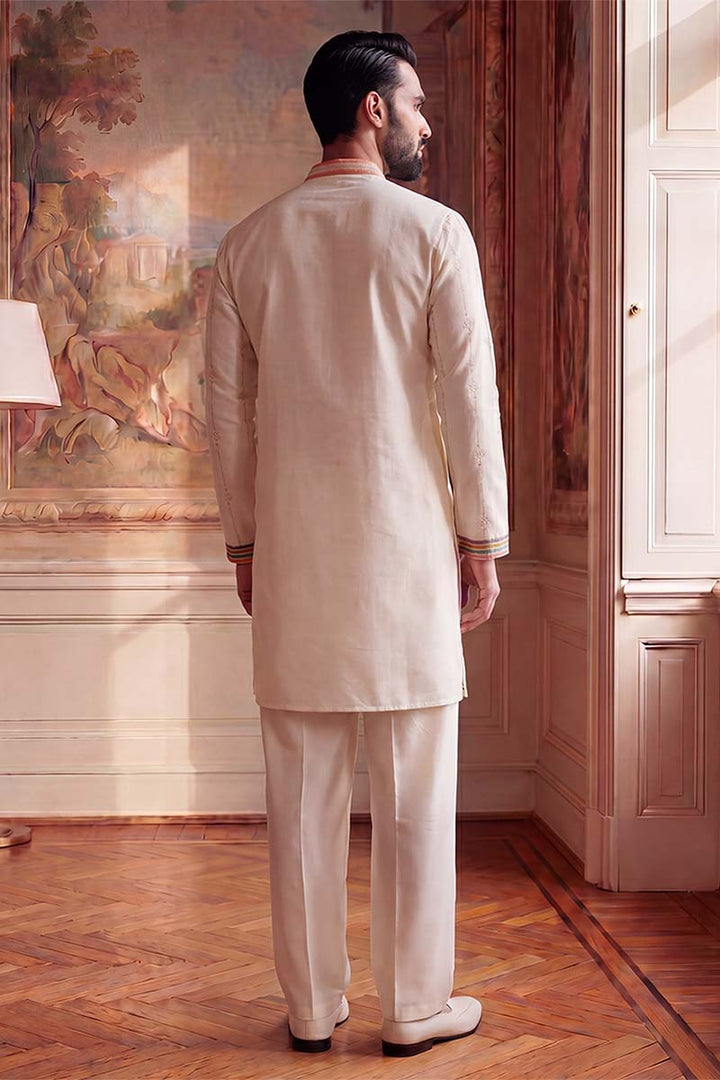 Mens White Silk Blend Embroidered Straight Kurta With Trousers