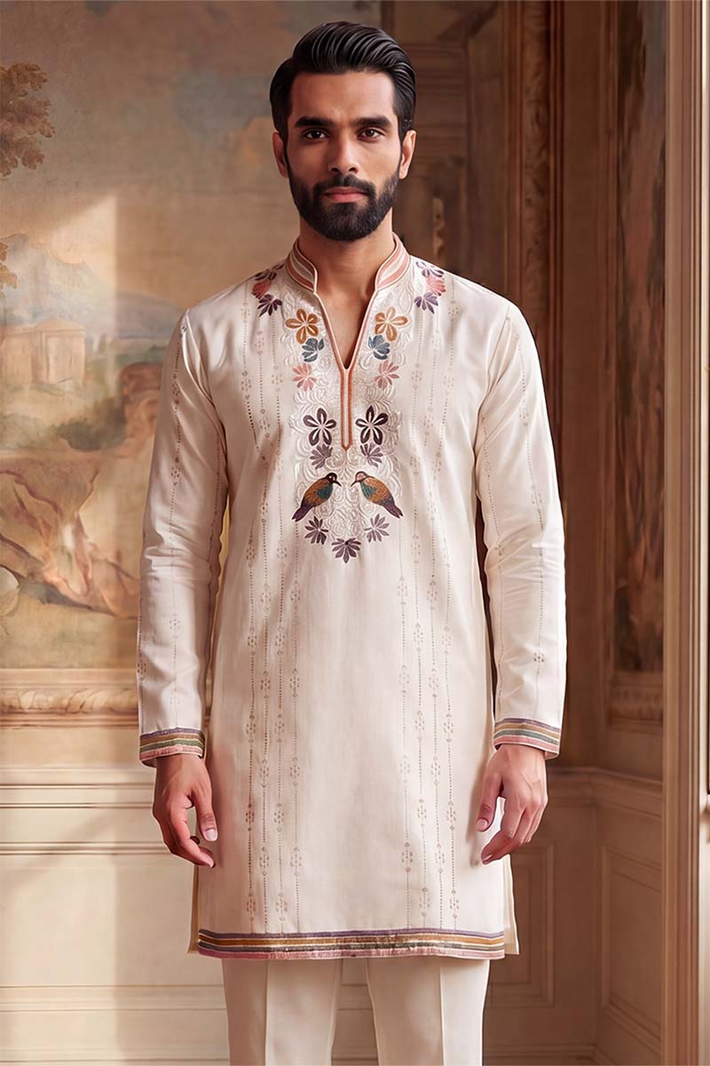 Mens White Silk Blend Embroidered Straight Kurta With Trousers