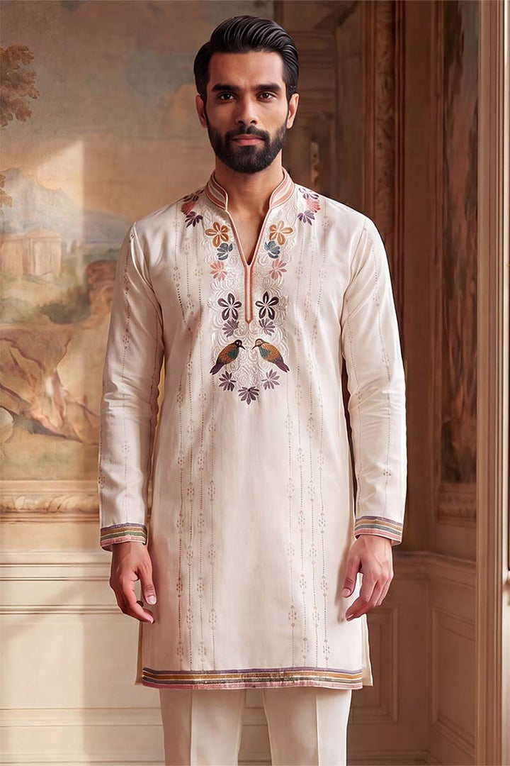 Mens White Silk Blend Embroidered Straight Kurta With Trousers