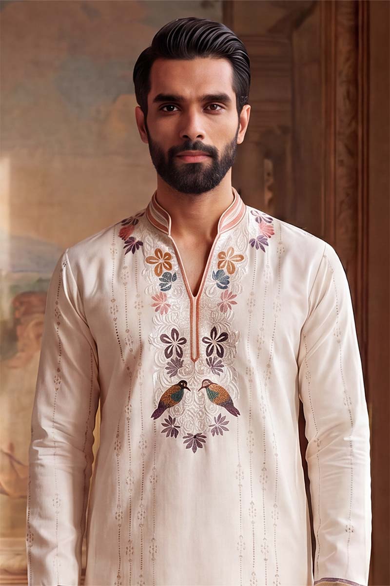 Mens White Silk Blend Embroidered Straight Kurta With Trousers