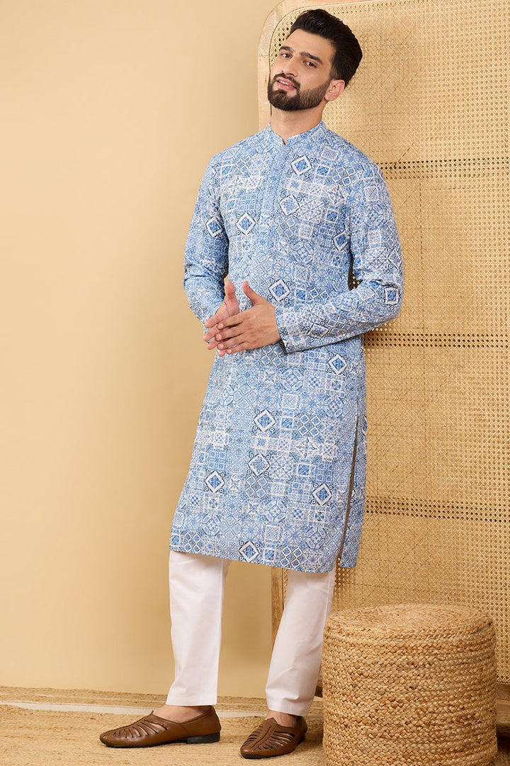 Mens Blue Viscose Rayon Geometric Embroidered Straight Chikankari Kurta