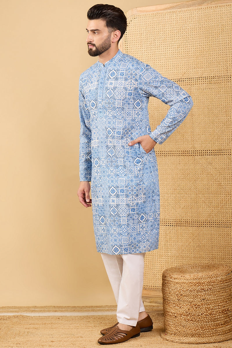 Mens Blue Viscose Rayon Geometric Embroidered Straight Chikankari Kurta