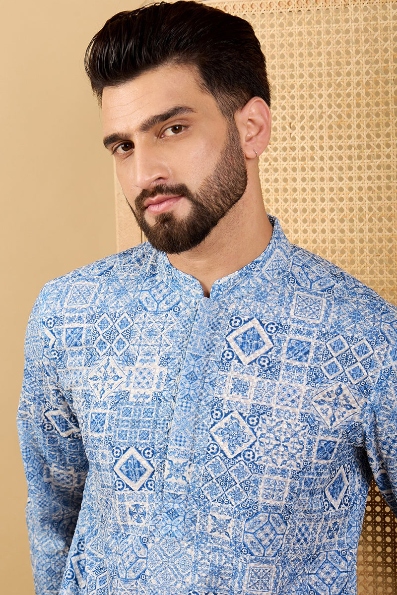 Mens Blue Viscose Rayon Geometric Embroidered Straight Chikankari Kurta