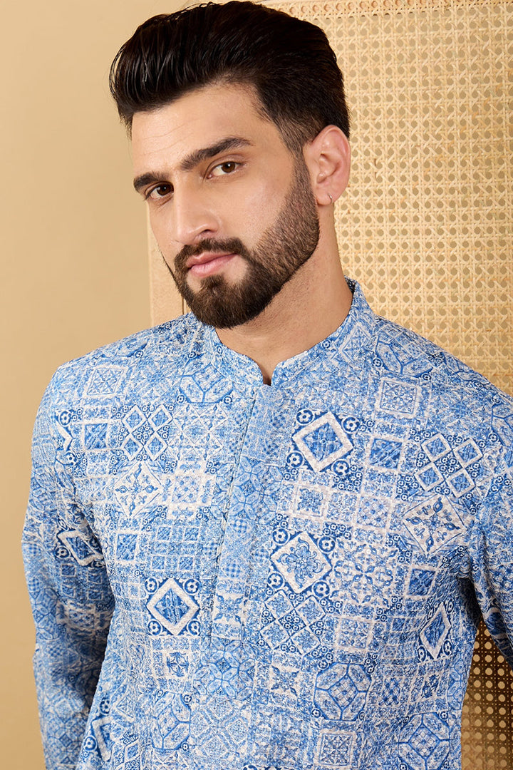 Mens Blue Viscose Rayon Geometric Embroidered Straight Chikankari Kurta